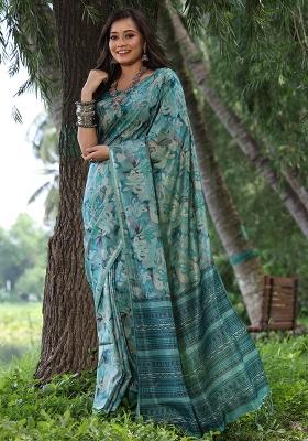 Teal Embroidered Silk Saree Set