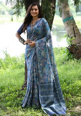 Sky Blue Embroidered Silk Saree Set