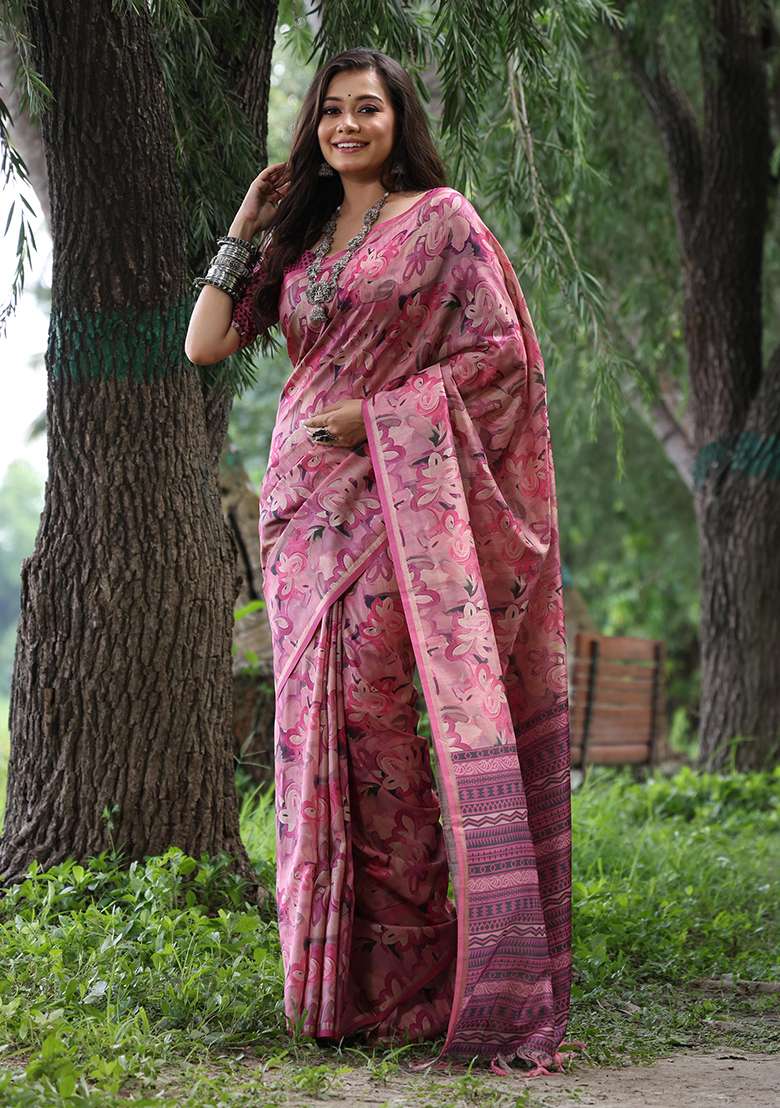 Pink Embroidered Silk Blend Saree Set - Indya