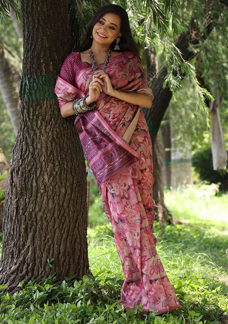 Pink Embroidered Silk Blend Saree Set - Indya