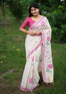 Cream Embroidered Cotton Saree Set