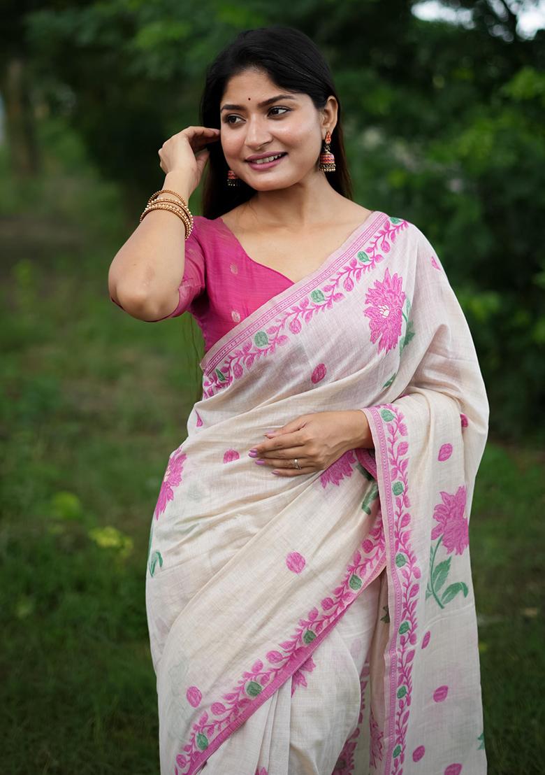 Cream Embroidered Cotton Saree Set - Indya