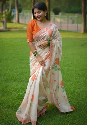 Cream Embroidered Cotton Saree Set