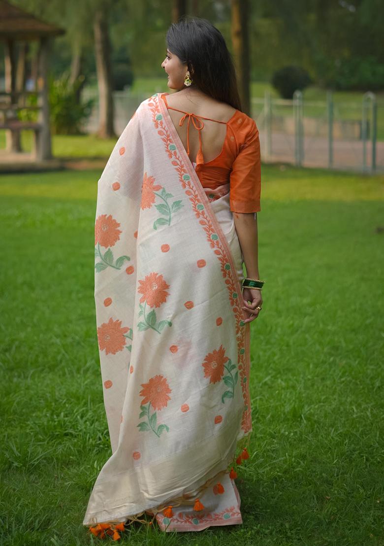 Cream Embroidered Cotton Saree Set - Indya