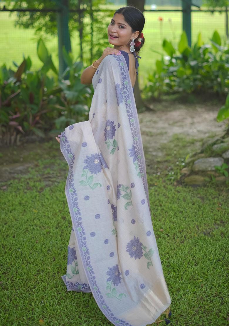 Cream Embroidered Cotton Saree Set - Indya