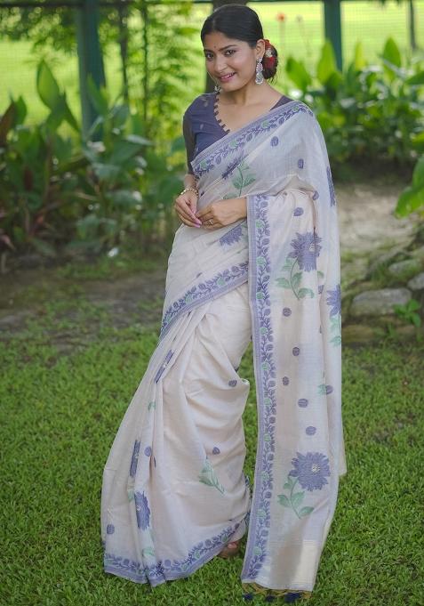 Cream Embroidered Cotton Saree Set