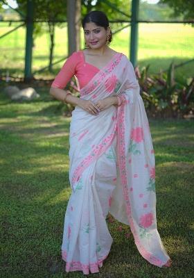 Cream Embroidered Cotton Saree Set