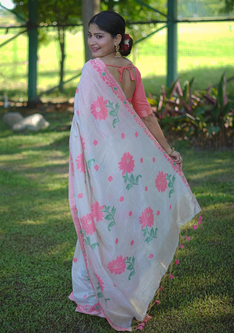 Cream Embroidered Cotton Saree Set - Indya