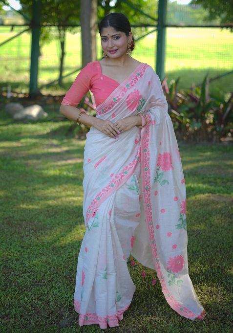 Cream Embroidered Cotton Saree Set