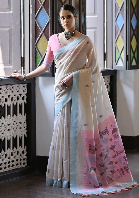 Cream Embroidered Cotton Saree Set