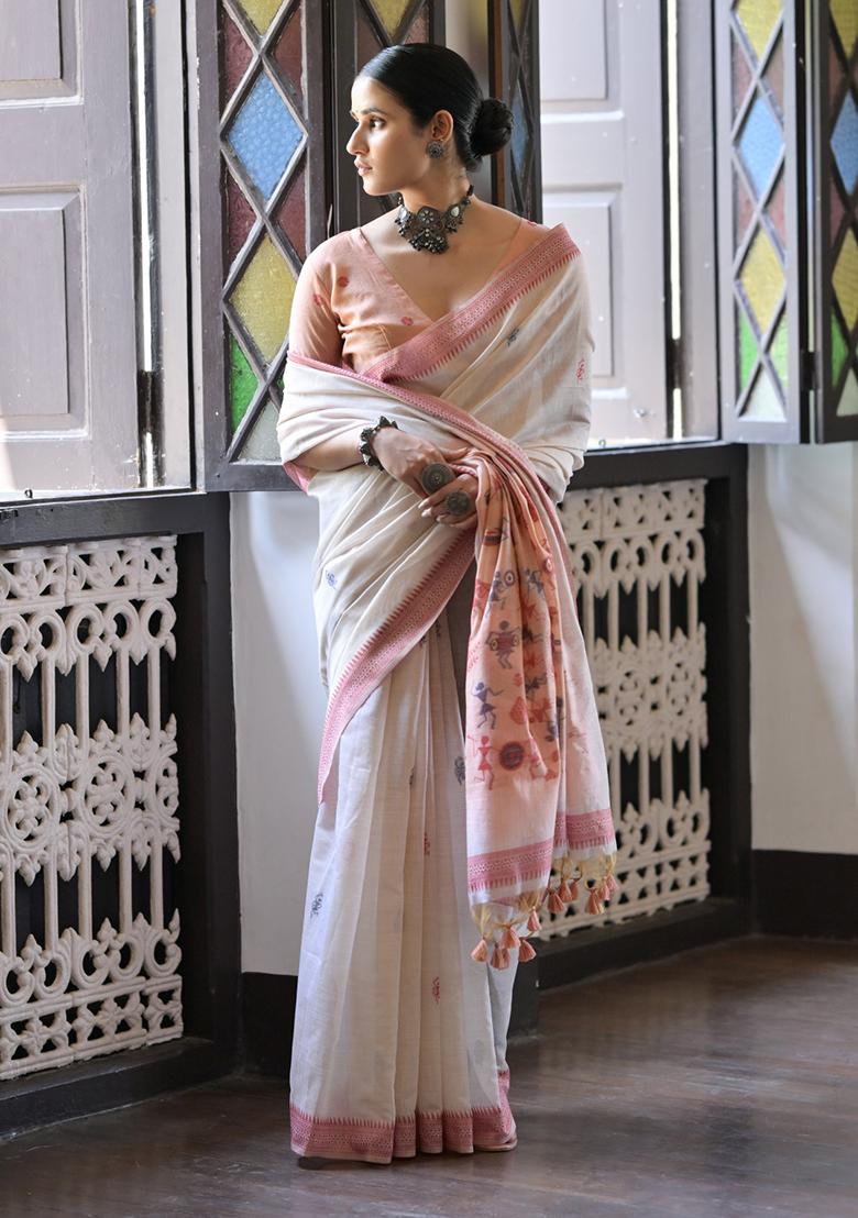 Cream Embroidered Cotton Saree Set - Indya