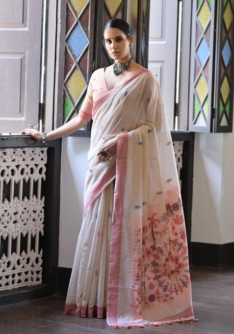 Cream Embroidered Cotton Saree Set