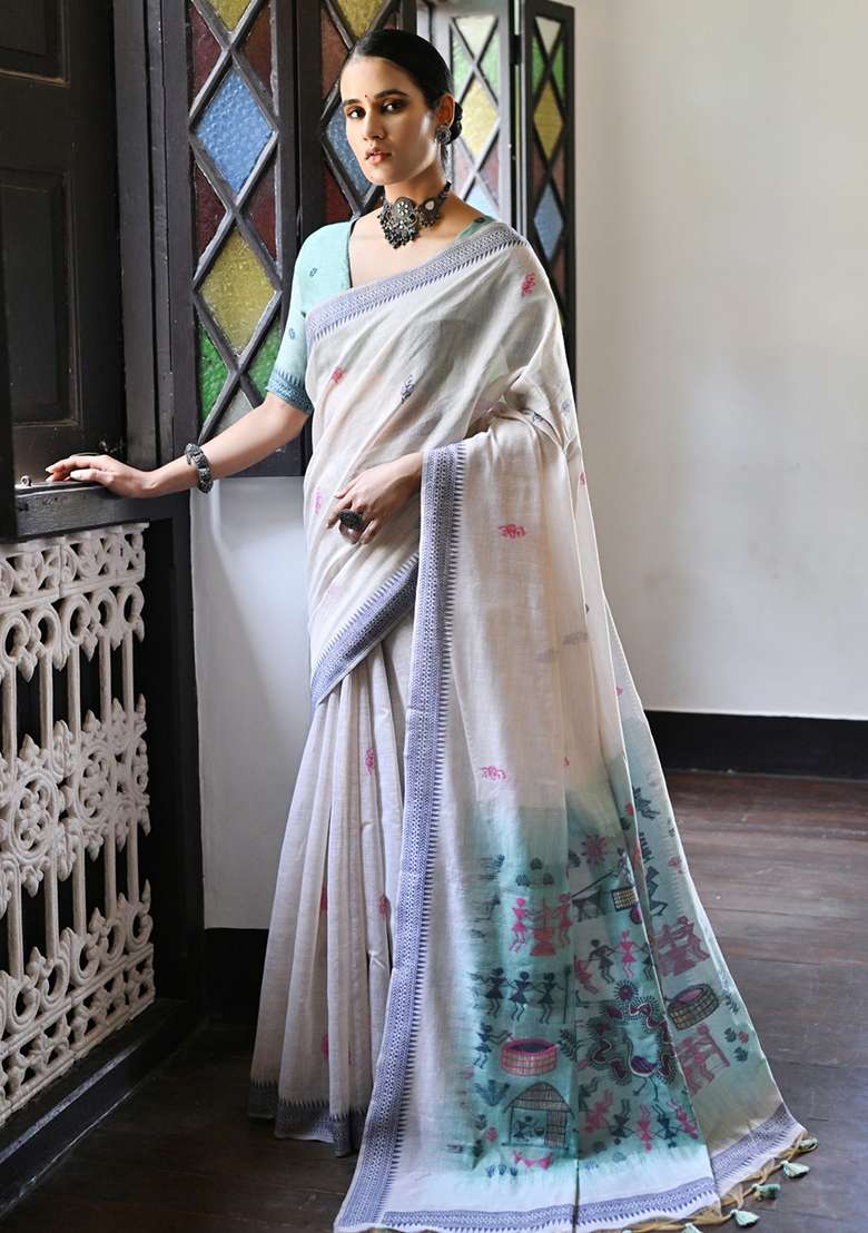 Cream Embroidered Cotton Saree Set - Indya