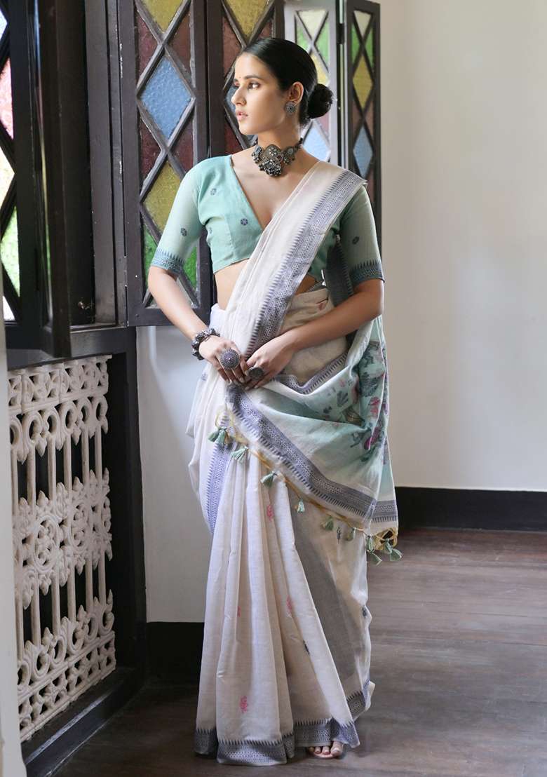 Cream Embroidered Cotton Saree Set - Indya