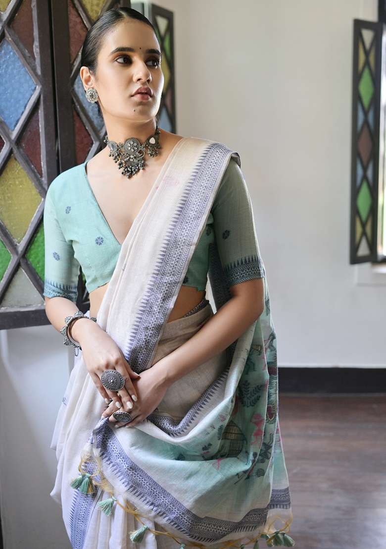 Cream Embroidered Cotton Saree Set - Indya