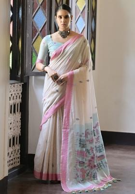 Cream Embroidered Cotton Saree Set