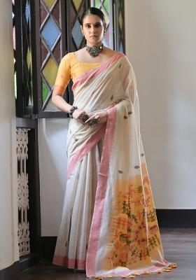 Cream Embroidered Cotton Saree Set