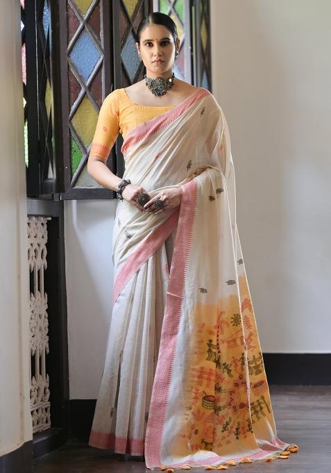 Cream Embroidered Cotton Saree Set