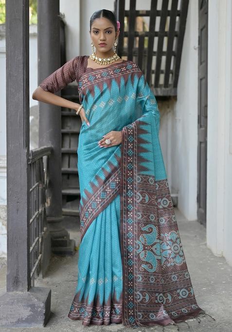 Firozi Embroidered Silk Saree Set