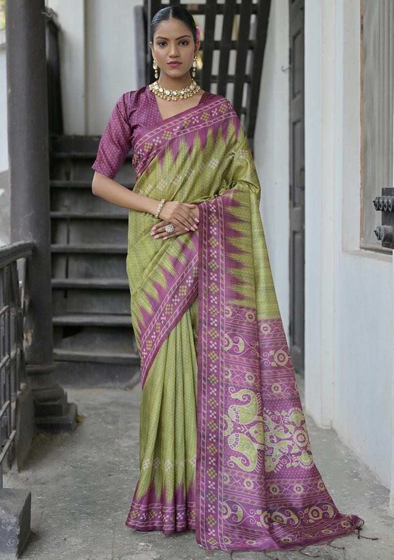 Mehendi Embroidered Silk Saree Set