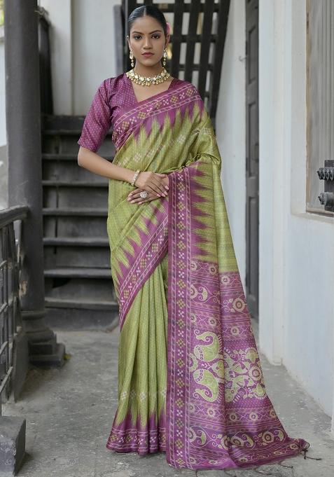 Mehendi Embroidered Silk Saree Set