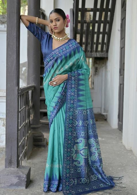 Rama Embroidered Silk Saree Set