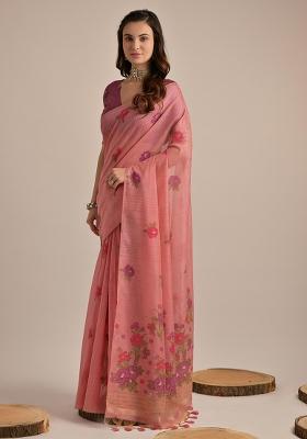 Peach Embroidered Cotton Saree Set