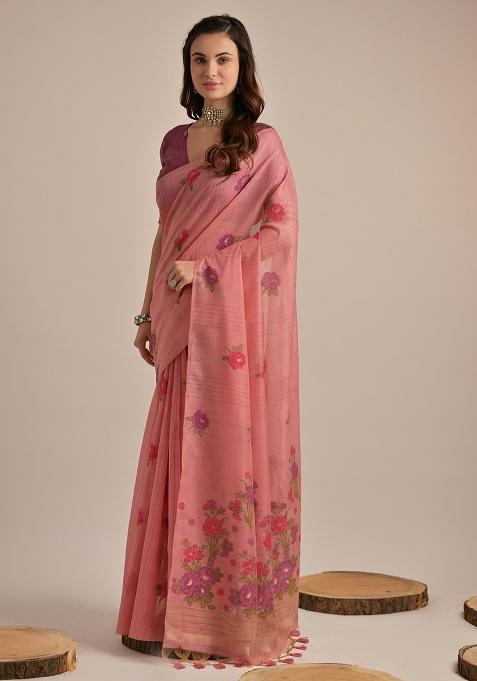 Peach Embroidered Cotton Saree Set