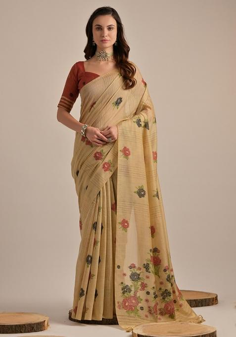 Khaki Embroidered Cotton Saree Set