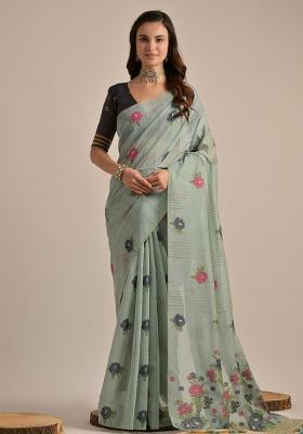Light Sky Embroidered Cotton Saree Set