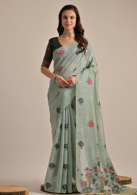Light Sky Embroidered Cotton Saree Set