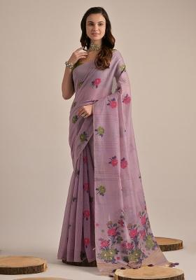 Lavender Embroidered Cotton Saree Set