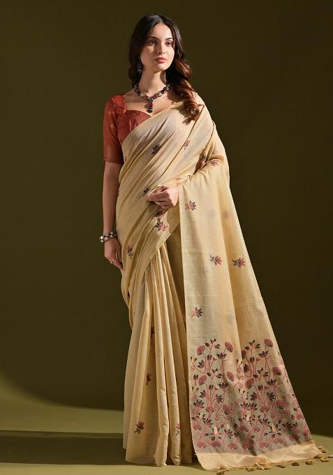 Cream Embroidered Cotton Saree Set