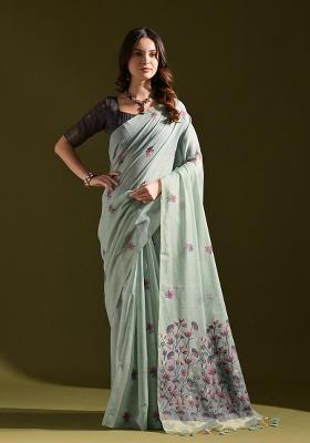 Firozi Embroidered Cotton Saree Set