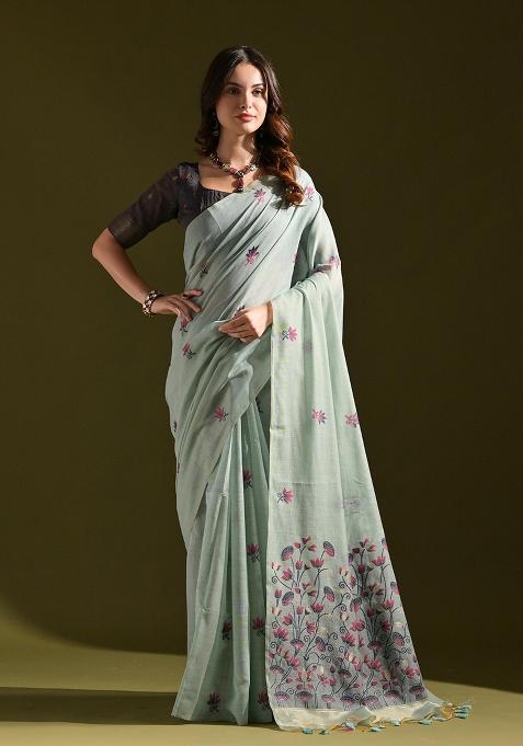 Firozi Embroidered Cotton Saree Set