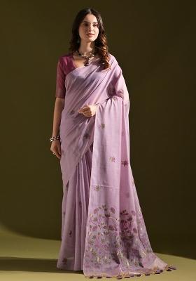 Lavender Embroidered Cotton Saree Set