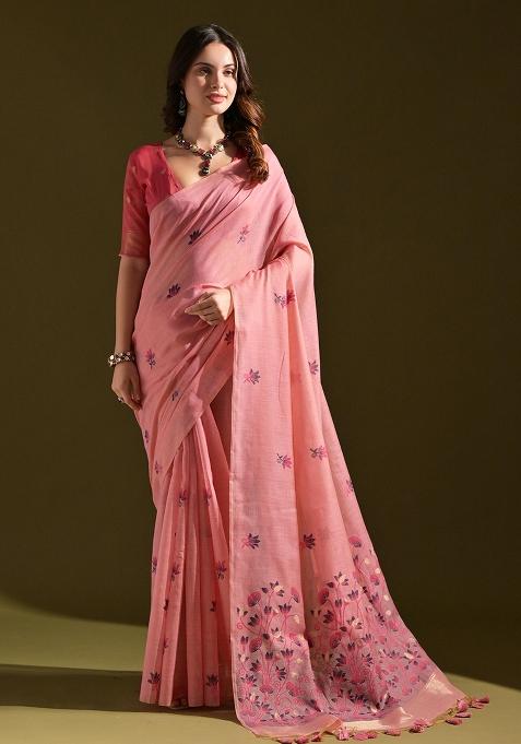 Pink Embroidered Cotton Saree Set