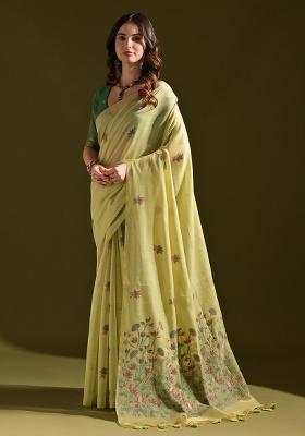 Pista Embroidered Cotton Saree Set