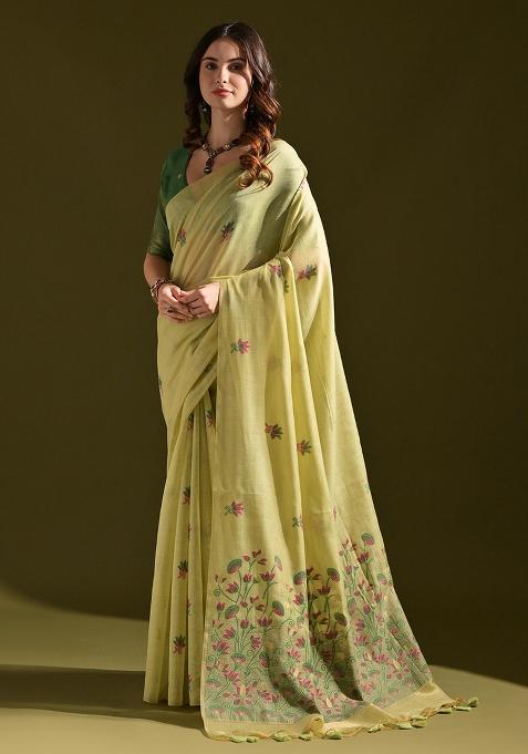 Pista Embroidered Cotton Saree Set
