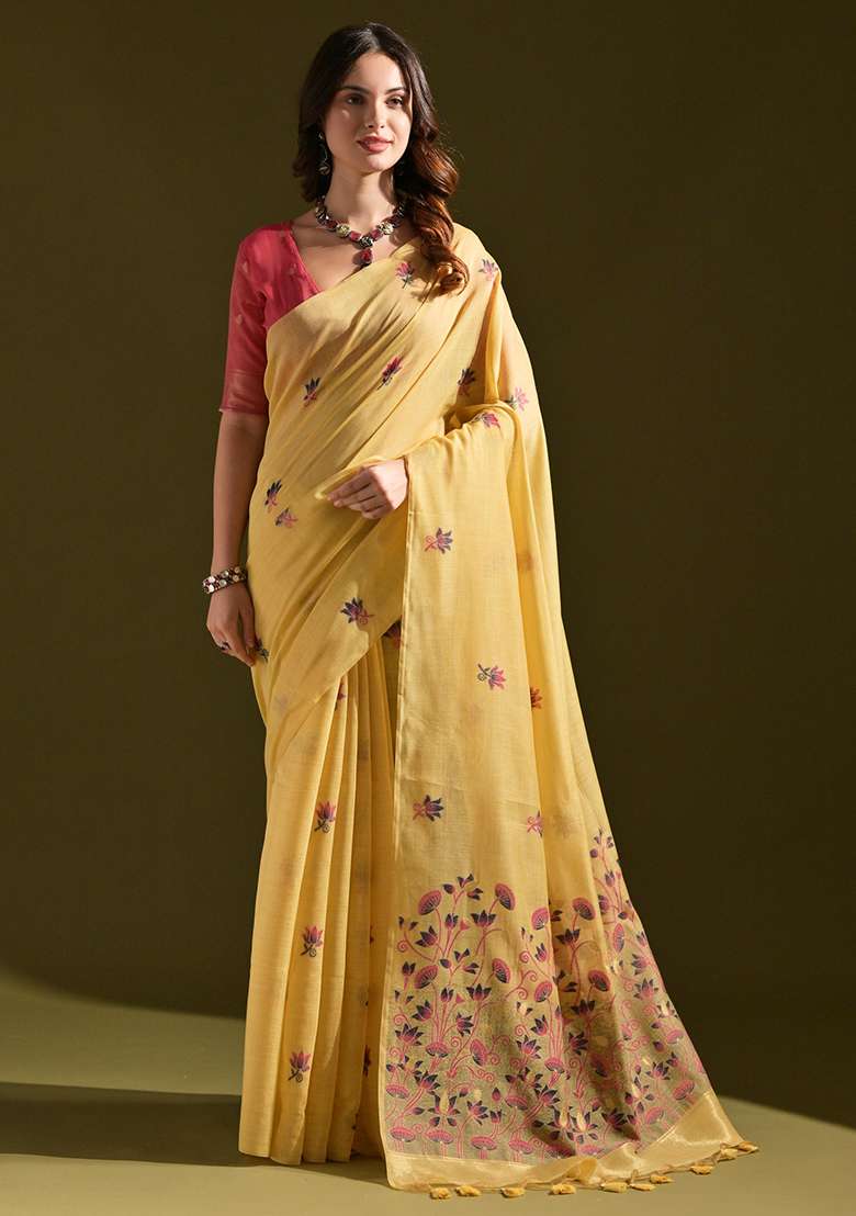 Yellow Embroidered Cotton Saree Set - Indya