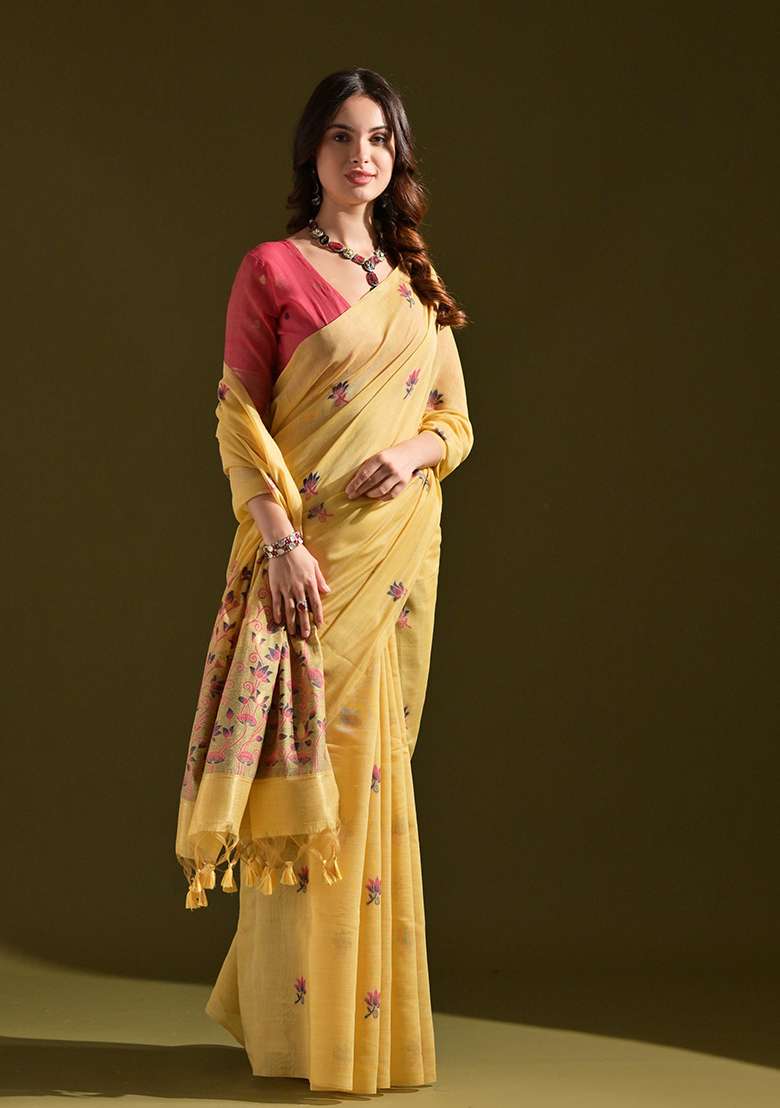 Yellow Embroidered Cotton Saree Set - Indya