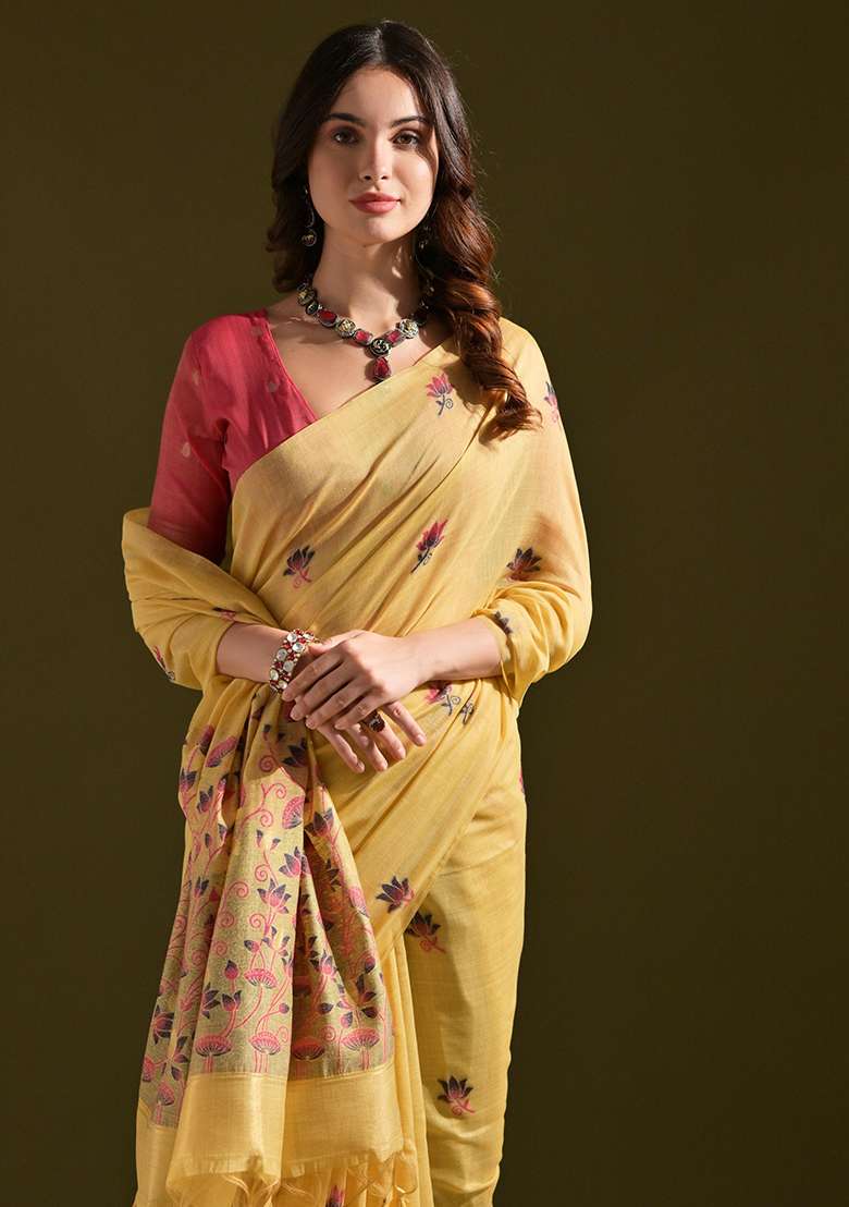 Yellow Embroidered Cotton Saree Set - Indya