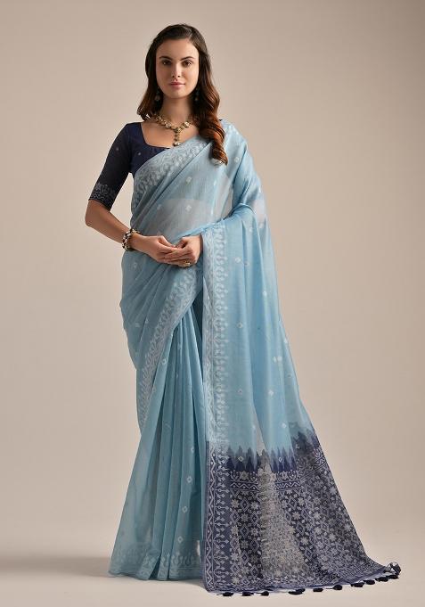 Firozi Embroidered Cotton Saree Set