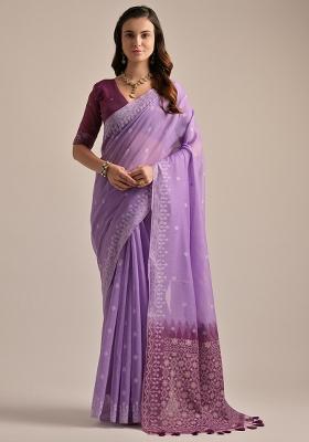 Lavender Embroidered Cotton Saree Set