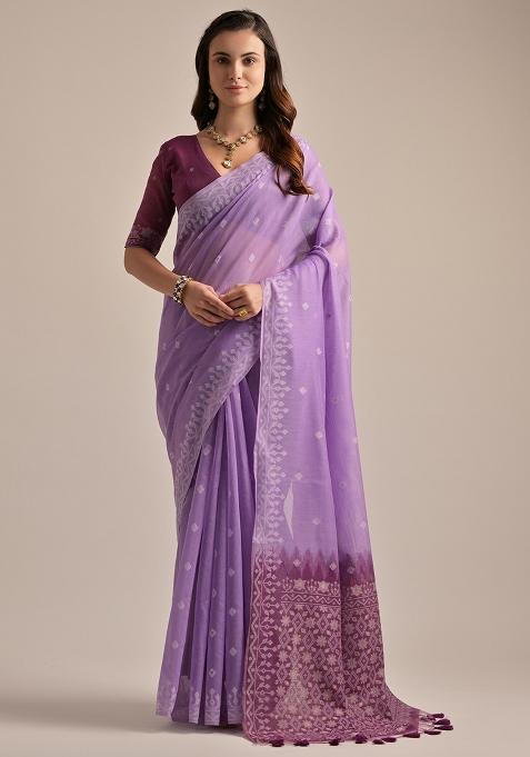 Lavender Embroidered Cotton Saree Set