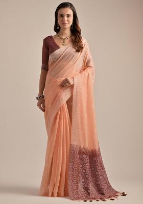 Peach Embroidered Cotton Saree Set