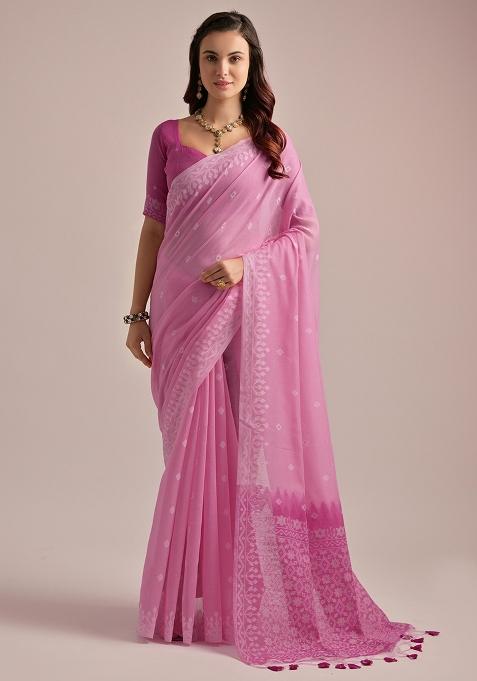 Pink Embroidered Cotton Saree Set
