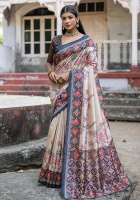 Cream Embroidered Silk Saree Set