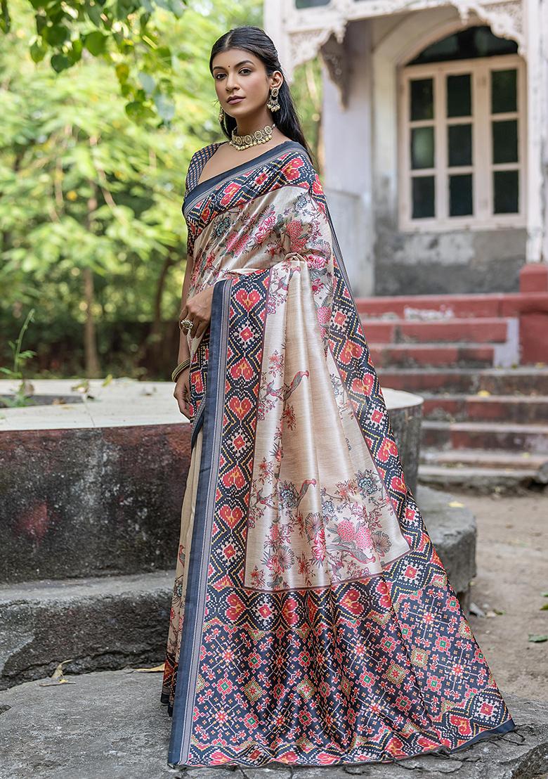 Cream Embroidered Silk Saree Set - Indya