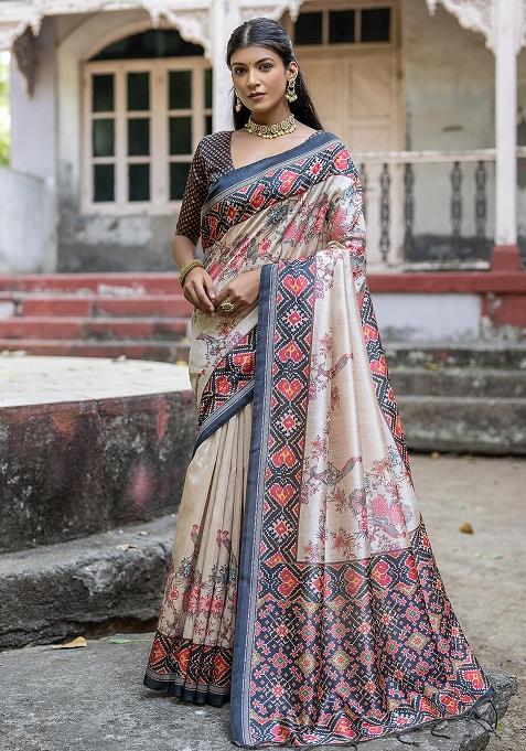 Cream Embroidered Silk Saree Set